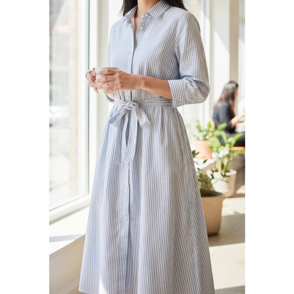 Mona Thalheimer Midi Shirt Dress Size XL White Blue Beige Stripe Button Up